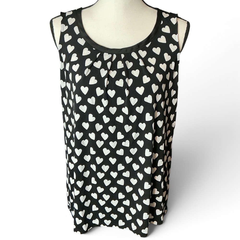Banana Republic Black Heart Print Tank Top Women Medium Pleated Keyhole Back